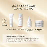 W poradniku „Jak stosować produkty AM” preparat Medik8 Daily Radiance Vitamin C stanowi ostatni etap pielęgnacji pod hasłem „witamina C + filtr przeciwsłoneczny”. Rutyna rozpoczyna się od preparatu Surface Radiance Cleanse (oczyszczanie), po którym stosuje się Press & Glow (tonizowanie) oraz Liquid Peptides (działanie ukierunkowane). Eksperci zalecają ponowne nakładanie preparatu co 2 godziny w przypadku przebywania na słońcu o wysokim nasileniu, aby zapewnić maksymalną ochronę przed promieniowaniem UV.