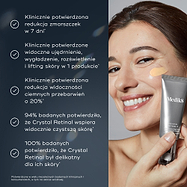 Kobieta uśmiechająca się podczas nakładania preparatu Crystal Retinal na policzek oraz srebrna tubka Medik8 Crystal Retinal 6. Pięć punktów z zaznaczeniami wymienia zalety produktu: Klinicznie potwierdzone zmniejszenie zmarszczek w ciągu 7 dni, Klinicznie potwierdzone widoczne ujędrnienie, wygładzenie, rozjaśnienie i lifting skóry w jednej tubce, Klinicznie potwierdzone zmniejszenie widocznych przebarwień o 20%, 94% respondentów zgodziło się, że Crystal Retinal przyczynia się do uzyskania widocznie czystsze