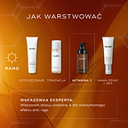 Przewodnik po nakładaniu produktów do pielęgnacji skóry Medik8 w ramach porannej rutyny, obejmujący preparat oczyszczający, tonik, serum rozjaśniające C-Tetra Advanced oraz krem nawilżający z filtrem SPF zapewniający optymalną ochronę i nawilżenie skóry.