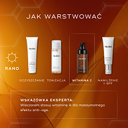 Przewodnik po nakładaniu produktów do pielęgnacji skóry Medik8 w ramach porannej rutyny, obejmujący preparat oczyszczający, tonik, serum rozjaśniające C-Tetra Advanced oraz krem nawilżający z filtrem SPF zapewniający optymalną ochronę i nawilżenie skóry.