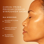 Zbliżenie na kobietę o promiennej skórze o jednolitym kolorycie, wraz z tekstem podkreślającym, w jaki sposób C-Tetra Advanced chroni przed przedwczesnym starzeniem się, poprawiając jasność skóry, redukując zmarszczki i poprawiając jej strukturę.
