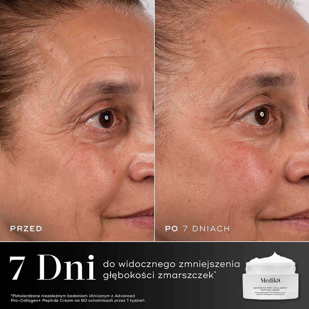 7 dni – Porównanie wyglądu okolicy oczu uczestniczki przed i po 7 dniach stosowania, przedstawione obok opakowania kremu Medik8 Advanced Pro-Collagen+ Peptide Cream. Tekst podkreśla, że udowodniono, iż produkt ten widocznie zmniejsza głębokość zmarszczek w ciągu 7 dni.