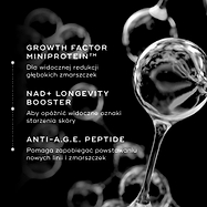 1 Abstrakcyjna grafika na czarnym tle, podkreślająca kluczowe składniki kremu Medik8 Advanced Pro-Collagen+ Peptide Cream. Tekst opisuje zalety miniproteiny z czynnikiem wzrostu, substancji NAD+ wspomagającej długowieczność oraz peptydu Anti-A.G.E. w redukcji zmarszczek.