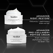 Porównanie słoiczków z kremami Medik8 Advanced Night Restore i Advanced Pro-Collagen+ Peptide Cream, ustawionych obok siebie na czarnym tle. Tekst porównuje odżywczą formułę Night Restore przeznaczoną na noc z nową, lekką formułą Pro-Collagen+ do stosowania rano i wieczorem, podkreślając jej zdolność do stymulowania produkcji kolagenu i redukcji głębokich zmarszczek.