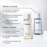 Grafika porównawcza przedstawiająca butelki Medik8 Press & Glow oraz Press & Clear. Tekst podkreśla różnice między produktami: Press & Clear ukierunkowany jest na redukcję widocznych niedoskonałości, natomiast Press & Glow pomaga wygładzać nierówną strukturę skóry.
