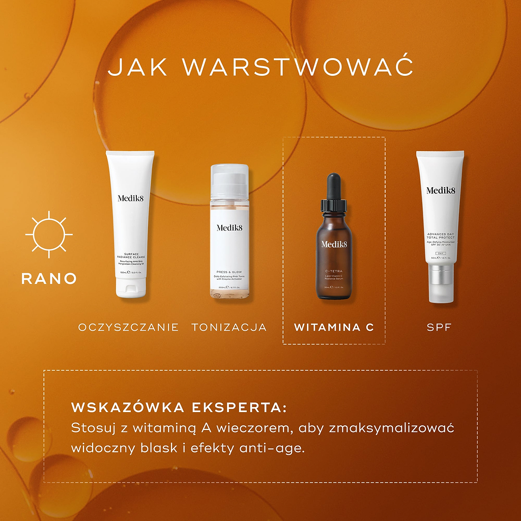 Przewodnik AM „How to Layer” na tle złotych kropli oleju. Rutyna przedstawia cztery produkty w kolejności: Surface Radiance Cleanse (oczyszczanie), Press & Glow (tonizacja), C-Tetra Luxe (witamina C) oraz Advanced Day Ultimate Protect (ochrona przeciwsłoneczna). C-Tetra Luxe jest wyróżniony przerywaną ramką jako kluczowy etap rutyny. Na dole znajduje się sekcja „Expert Advice” z rekomendacją stosowania witaminy A w rutynie wieczornej, aby utrzymać maksymalne efekty przeciwstarzeniowe.
