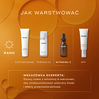 Przewodnik warstwowania Medik8 zatytułowany „HOW TO LAYER” na ciepłym pomarańczowym tle z grafikami przypominającymi bąbelki. Ikona słońca wskazuje poranną rutynę składającą się z czterech kroków, przy czym trzeci krok jest wyróżniony białą przerywaną ramką. Przedstawione etapy i produkty obejmują: CLEANSE – tubka Medik8 Surface Radiance Cleanse, TONE – butelka Medik8 Press & Glow, VITAMIN C – serum Medik8 C-Tetra Luxe oraz SUNSCREEN – tubka Medik8 Advanced Day Ultimate Protect. Na dole znajduje się sekcja 