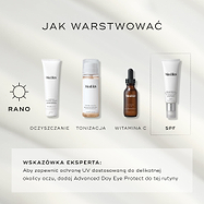 Przewodnik „How to Layer” przedstawiający Medik8 Surface Radiance Cleanse jako pierwszy krok zarówno w porannej, jak i wieczornej rutynie pielęgnacyjnej. Rutyna AM kontynuowana jest przez Press & Glow (tonizacja), C-Tetra Luxe (witamina C) oraz Advanced Day Ultimate Protect (ochrona przeciwsłoneczna). Rutyna PM obejmuje Press & Clear (tonizacja), Crystal Retinal (witamina A) oraz Advanced Night Restore (nawilżanie).
