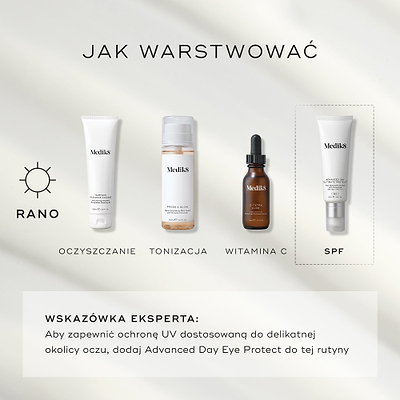 Przewodnik „How to Layer” przedstawiający Medik8 Surface Radiance Cleanse jako pierwszy krok zarówno w porannej, jak i wieczornej rutynie pielęgnacyjnej. Rutyna AM kontynuowana jest przez Press & Glow (tonizacja), C-Tetra Luxe (witamina C) oraz Advanced Day Ultimate Protect (ochrona przeciwsłoneczna). Rutyna PM obejmuje Press & Clear (tonizacja), Crystal Retinal (witamina A) oraz Advanced Night Restore (nawilżanie).
