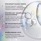 Grafika przedstawiająca kluczowe składniki preparatu Medik8 Exo-PDRN Prismatic+, w tym pryzmatyczny PDRN, potrójny kompleks egzosomów, czynnik wzrostu MiniProtein oraz prekursor ATP.