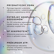 Grafika przedstawiająca kluczowe składniki preparatu Medik8 Exo-PDRN Prismatic+, w tym pryzmatyczny PDRN, potrójny kompleks egzosomów, czynnik wzrostu MiniProtein oraz prekursor ATP.