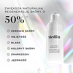 Serum Medik8 Exo-PDRN Prismatic+ zostało zaprezentowane wraz z napisem „Zwiększ naturalną regenerację skóry o ponad 50%*”, a także wymieniono takie korzyści, jak poprawa zdrowia skóry, jej objętości, blasku, kolorytu, redukcja zmarszczek oraz jędrność.