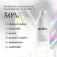 Serum Medik8 Exo-PDRN Prismatic+ zostało zaprezentowane wraz z napisem „Zwiększ naturalną regenerację skóry o ponad 50%*”, a także wymieniono takie korzyści, jak poprawa zdrowia skóry, jej objętości, blasku, kolorytu, redukcja zmarszczek oraz jędrność.
