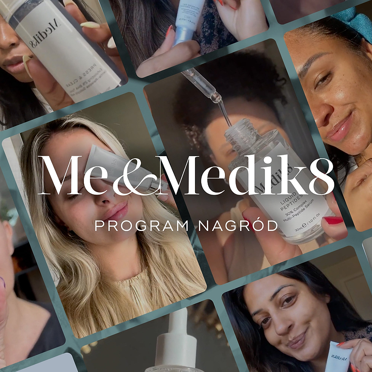 Grafika promocyjna przedstawiająca tło złożone z wyrazistych, stylizowanych struktur krystalicznych w ciemnym odcieniu turkusu. W centrum widnieje biały napis „Me & Medik8” wykonany dużą czcionką z szeryfami, a poniżej znajduje się przejrzysty podtytuł bezszeryfowy o treści „PROGRAM LOJALNOŚCIOWY”.