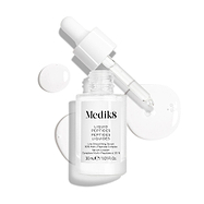 Przedstawiono przezroczystą szklaną buteleczkę z serum Liquid Peptides z zakraplaczem, który został wyjęty i leży obok niej, a także krople serum, które pokazują konsystencję produktu