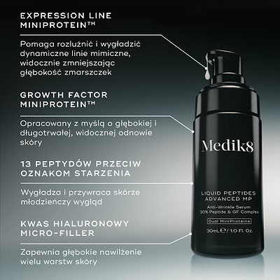 Kluczowe składniki Liquid Peptides Advanced MP: Expression Line Miniprotein wygładza linie mimiczne, Growth Factor Miniprotein wspiera odnowę skóry, 13 peptydów przywraca młodzieńczy wygląd, a kwas hialuronowy Micro-Filler zapewnia głębokie nawilżenie.