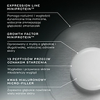 Opis składników: Expression Line Miniprotein rozluźnia i wygładza linie mimiczne, Growth Factor Miniprotein wspiera odnowę skóry, 13 peptydów wygładza i przywraca młodzieńczy wygląd, a kwas hialuronowy Micro-Filler zapewnia głębokie nawilżenie.