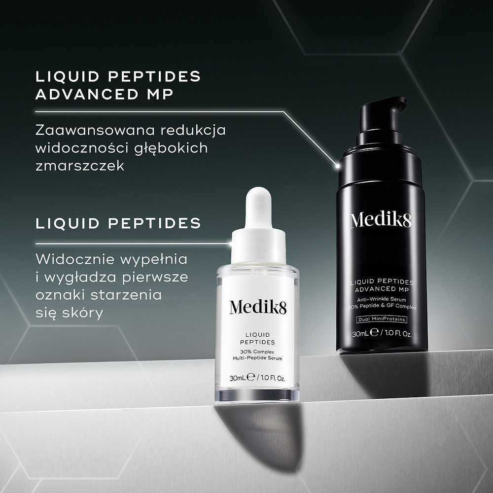 Porównanie produktów: Liquid Peptides Advanced MP zapewnia zaawansowaną redukcję widoczności głębokich zmarszczek, natomiast Liquid Peptides widocznie wypełnia i wygładza pierwsze oznaki starzenia się skóry.