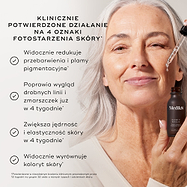 „Zbliżenie twarzy osoby, na którą nakłada się preparat za pomocą szklanej pipety, na jasnoszarym tle. Tekst informuje, że produkt ma  KLINICZNIE POTWIERDZONE DZIAŁANIE NA 4 OBJAWY STARZENIA SIĘ SKÓRY POD WPŁYWEM SŁOŃCA* , po czym następują cztery twierdzenia oznaczone znacznikami wyboru:

Widocznie redukuje przebarwienia i plamy starcze*

Poprawia wygląd drobnych linii i zmarszczek już w ciągu 4 tygodni*

Zwiększa jędrność i elastyczność skóry w ciągu 4 tygodni*

Widocznie wyrównuje koloryt skóry*

W przypi