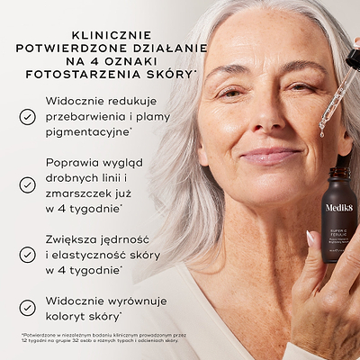 „Zbliżenie twarzy osoby, na którą nakłada się preparat za pomocą szklanej pipety, na jasnoszarym tle. Tekst informuje, że produkt ma  KLINICZNIE POTWIERDZONE DZIAŁANIE NA 4 OBJAWY STARZENIA SIĘ SKÓRY POD WPŁYWEM SŁOŃCA* , po czym następują cztery twierdzenia oznaczone znacznikami wyboru:

Widocznie redukuje przebarwienia i plamy starcze*

Poprawia wygląd drobnych linii i zmarszczek już w ciągu 4 tygodni*

Zwiększa jędrność i elastyczność skóry w ciągu 4 tygodni*

Widocznie wyrównuje koloryt skóry*

W przypi
