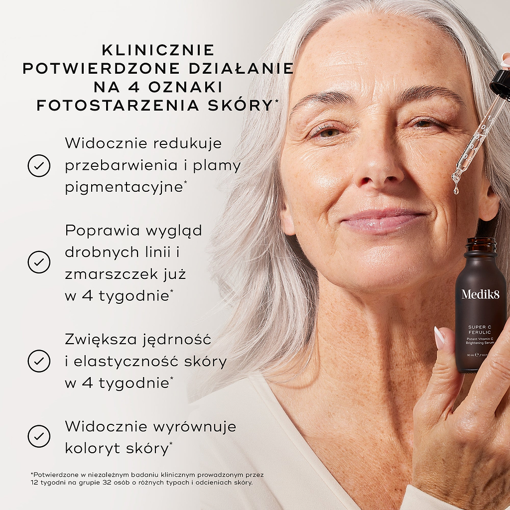 „Zbliżenie twarzy osoby, na którą nakłada się preparat za pomocą szklanej pipety, na jasnoszarym tle. Tekst informuje, że produkt ma  KLINICZNIE POTWIERDZONE DZIAŁANIE NA 4 OBJAWY STARZENIA SIĘ SKÓRY POD WPŁYWEM SŁOŃCA* , po czym następują cztery twierdzenia oznaczone znacznikami wyboru:

Widocznie redukuje przebarwienia i plamy starcze*

Poprawia wygląd drobnych linii i zmarszczek już w ciągu 4 tygodni*

Zwiększa jędrność i elastyczność skóry w ciągu 4 tygodni*

Widocznie wyrównuje koloryt skóry*

W przypi