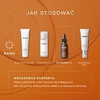 Przewodnik Medik8 dotyczący nakładania produktów warstwowo, zatytułowany „HOW TO LAYER”, na tle intensywnie pomarańczowym z półprzezroczystymi bąbelkami serum. Ikona słońca oznaczająca poranek wskazuje na czterostopniową poranną rutynę, przy czym trzeci etap został wyróżniony białą ramką z linią przerywaną:

OCZYSZCZANIE: Tubka Medik8 Surface Radiance Cleanse.

TONIZACJA: butelka Medik8 Press & Glow.

WITAMINA C: butelka serum Medik8 Super C Ferulic.

KREM Z FILTREM PRZECIWSŁONECZNYM: tubka Medik8 Advanced 