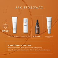 Przewodnik Medik8 dotyczący nakładania produktów warstwowo, zatytułowany „HOW TO LAYER”, na tle intensywnie pomarańczowym z półprzezroczystymi bąbelkami serum. Ikona słońca oznaczająca poranek wskazuje na czterostopniową poranną rutynę, przy czym trzeci etap został wyróżniony białą ramką z linią przerywaną:

OCZYSZCZANIE: Tubka Medik8 Surface Radiance Cleanse.

TONIZACJA: butelka Medik8 Press & Glow.

WITAMINA C: butelka serum Medik8 Super C Ferulic.

KREM Z FILTREM PRZECIWSŁONECZNYM: tubka Medik8 Advanced 