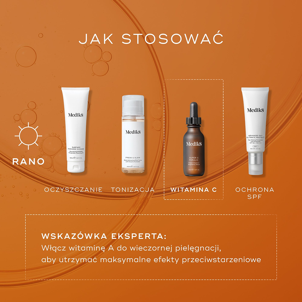 Przewodnik Medik8 dotyczący nakładania produktów warstwowo, zatytułowany „HOW TO LAYER”, na tle intensywnie pomarańczowym z półprzezroczystymi bąbelkami serum. Ikona słońca oznaczająca poranek wskazuje na czterostopniową poranną rutynę, przy czym trzeci etap został wyróżniony białą ramką z linią przerywaną:

OCZYSZCZANIE: Tubka Medik8 Surface Radiance Cleanse.

TONIZACJA: butelka Medik8 Press & Glow.

WITAMINA C: butelka serum Medik8 Super C Ferulic.

KREM Z FILTREM PRZECIWSŁONECZNYM: tubka Medik8 Advanced 
