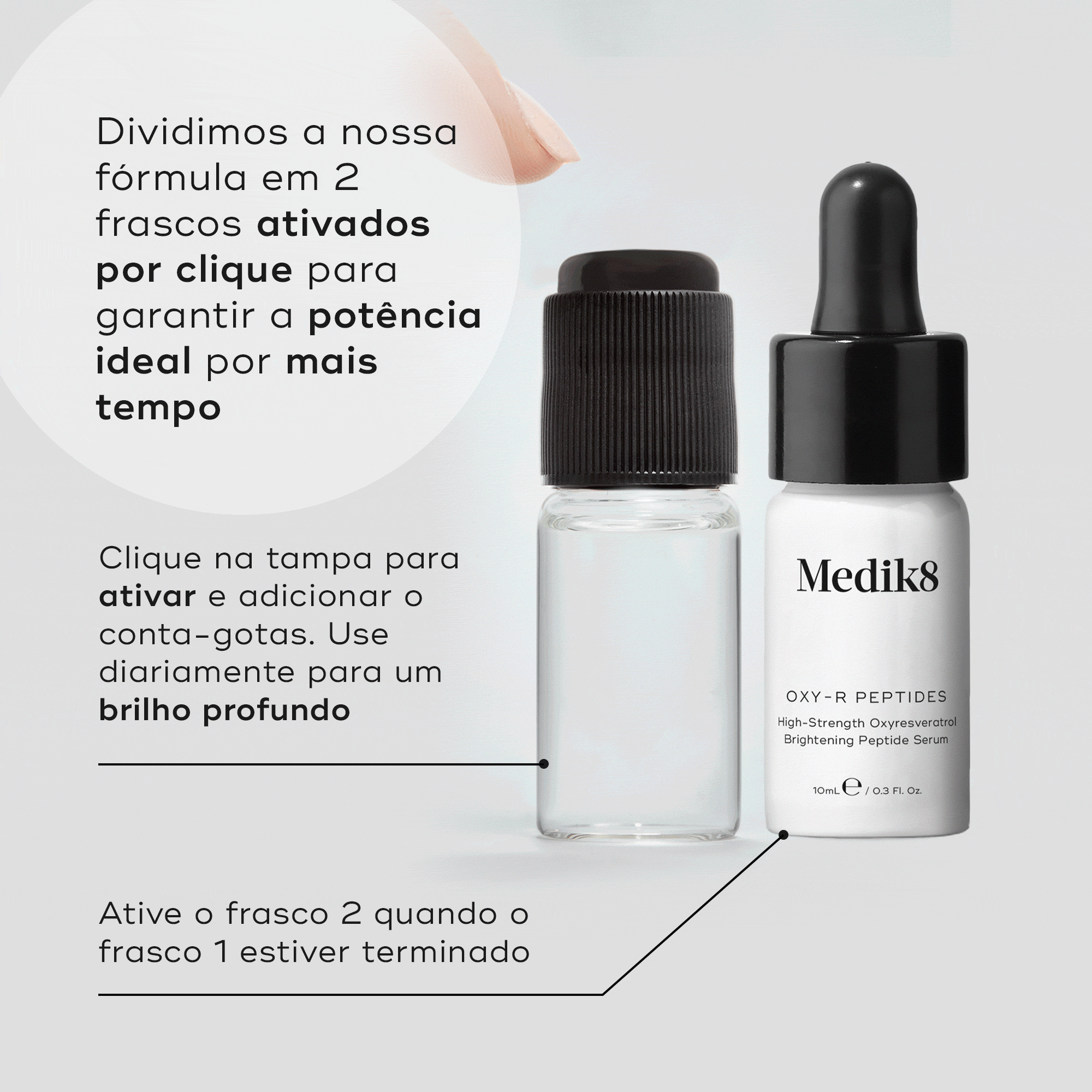 Dois pequenos frascos de Medik8 Oxy-R Peptides são mostrados contra um fundo claro. O texto explica que a fórmula é dividida em dois frascos ativados por clique para garantir a potência ideal por mais tempo. As instruções indicam clicar na tampa para ativar, adicionar o conta-gotas, usar diariamente para um brilho profundo, e ativar o frasco 2 quando o frasco 1 estiver terminado.