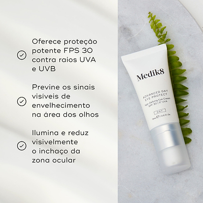 O tubo Advanced Day Eye Protect repousa numa superfície de mármore cinza claro ao lado de uma folha de feto verde. Os marcadores listam os seus benefícios: oferece proteção potente FPS 30 contra raios UVA e UVB, previne os sinais visíveis de envelhecimento na área dos olhos, e ilumina e reduz visivelmente o inchaço da zona ocular.