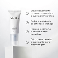 O tubo de Medik8 Eyelift Peptides assenta num bloco branco contra um fundo claro. O texto em português lista os benefícios: eleva visivelmente o contorno dos olhos e suaviza linhas finas, reduz a aparência de olheiras e inchaço, hidrata e conforta a delicada área dos olhos e cria a base perfeita e suavizante para maquilhagem.