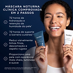 Uma mulher sorridente segura os dois tubos Medik8 H.E.O. Mask contra um fundo azul escuro liso. O texto descreve o produto como uma máscara noturna clínica comprovada em 2 passos. Os benefícios listados incluem 72 horas de hidratação e retenção de humidade da pele, 72 horas de suporte à barreira cutânea, redução visível de linhas finas e descamação, e uma pele com aparência mais cheia, luminosa e suave.
