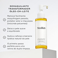 Um frasco doseador de Lipid Balance Cleansing Oil com uma gota caindo do bocal assenta num pedestal branco. Intitulado "DEMAQUILANTE TRANSFORMADOR ÓLEO-EM-LEITE", os marcadores listam os benefícios: remove facilmente maquilhagem pesada, protetor solar e impurezas (incluindo poluentes); deixa a pele suave e equilibrada; nutre e reforça a barreira lipídica natural da pele; e é o primeiro passo perfeito para uma rotina de dupla limpeza.