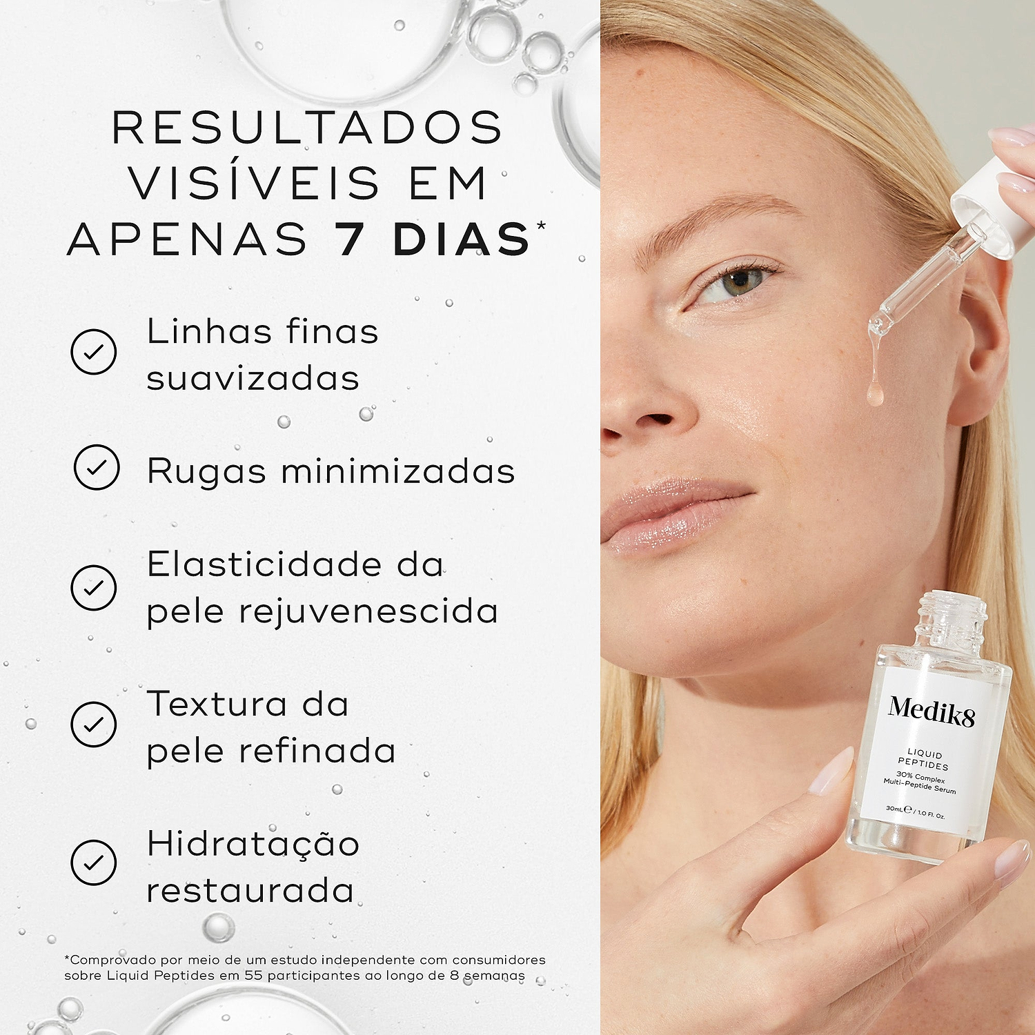Primeiro plano de uma modella sorridente segurando um frasco de Medik8 Liquid Peptides contra um fundo claro. O texto em português destaca que o produto é comprovado para aumentar visivelmente a firmeza da pele em 7 dias, com base num estudo independente com consumidores.