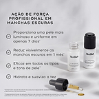 Dois frascos de Oxy-R Peptides e um conta-gotas dispensando líquido assentam numa superfície clara com sombras manchadas. Intitulado "AÇÃO DE FORÇA PROFISSIONAL EM MANCHAS ESCURAS", os marcadores listam os benefícios: proporciona uma pele mais luminosa e uniforme em apenas 7 dias, reduz visivelmente as manchas escuras em 1 mês, eficaz em todos os tipos e tons de pele, e hidrata e suaviza a tez.