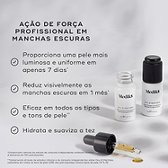 Dois frascos de Oxy-R Peptides e um conta-gotas dispensando líquido assentam numa superfície clara com sombras manchadas. Intitulado "AÇÃO DE FORÇA PROFISSIONAL EM MANCHAS ESCURAS", os marcadores listam os benefícios: proporciona uma pele mais luminosa e uniforme em apenas 7 dias, reduz visivelmente as manchas escuras em 1 mês, eficaz em todos os tipos e tons de pele, e hidrata e suaviza a tez.