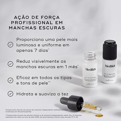 Dois frascos de Oxy-R Peptides e um conta-gotas dispensando líquido assentam numa superfície clara com sombras manchadas. Intitulado "AÇÃO DE FORÇA PROFISSIONAL EM MANCHAS ESCURAS", os marcadores listam os benefícios: proporciona uma pele mais luminosa e uniforme em apenas 7 dias, reduz visivelmente as manchas escuras em 1 mês, eficaz em todos os tipos e tons de pele, e hidrata e suaviza a tez.