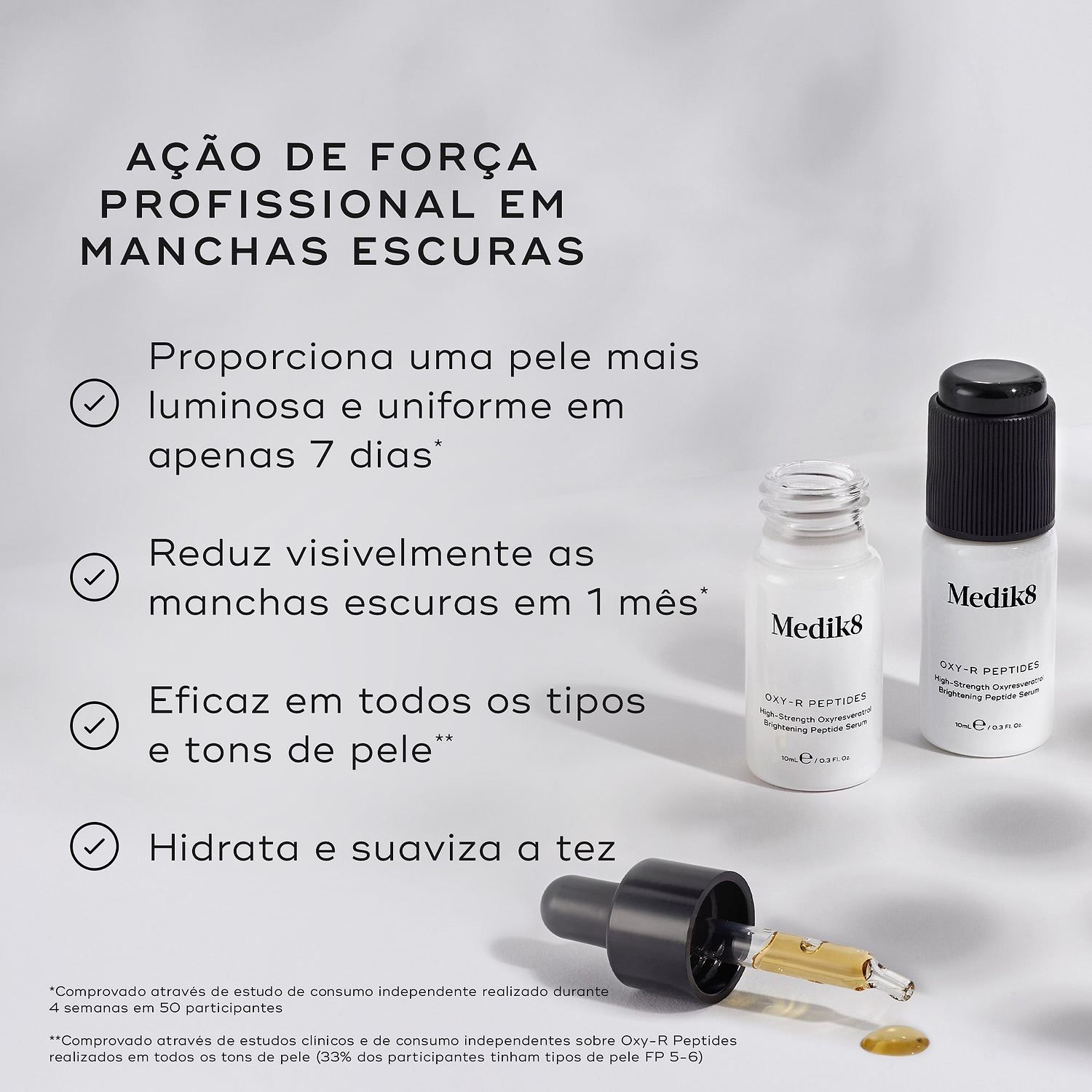 Dois frascos de Oxy-R Peptides e um conta-gotas dispensando líquido assentam numa superfície clara com sombras manchadas. Intitulado "AÇÃO DE FORÇA PROFISSIONAL EM MANCHAS ESCURAS", os marcadores listam os benefícios: proporciona uma pele mais luminosa e uniforme em apenas 7 dias, reduz visivelmente as manchas escuras em 1 mês, eficaz em todos os tipos e tons de pele, e hidrata e suaviza a tez.