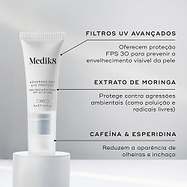 O tubo Advanced Day Eye Protect assenta num pedestal branco contra um fundo cinza claro. Linhas de texto destacam os ingredientes-chave: Filtros UV Avançados para oferecer proteção FPS 30 e prevenir o envelhecimento visível da pele, Extrato de Moringa para proteger contra agressões ambientais como poluição e radicais livres, e Cafeína e Esperidina para reduzir a aparência de olheiras e inchaço.