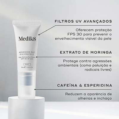 O tubo Advanced Day Eye Protect assenta num pedestal branco contra um fundo cinza claro. Linhas de texto destacam os ingredientes-chave: Filtros UV Avançados para oferecer proteção FPS 30 e prevenir o envelhecimento visível da pele, Extrato de Moringa para proteger contra agressões ambientais como poluição e radicais livres, e Cafeína e Esperidina para reduzir a aparência de olheiras e inchaço.