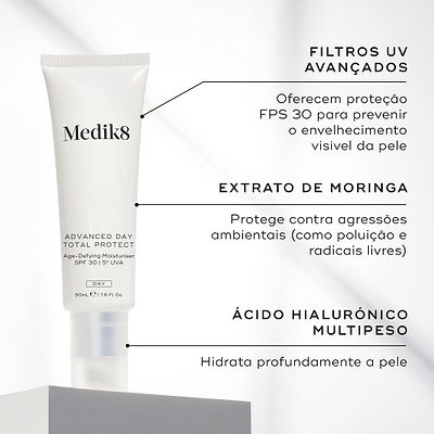 O tubo Advanced Day Total Protect assenta num pedestal branco contra um fundo cinza claro. Linhas de texto destacam os ingredientes-chave: Filtros UV Avançados para proteção FPS 30 contra o envelhecimento visível, Extrato de Moringa para proteger contra agressões ambientais como poluição e radicais livres, e Ácido Hialurónico Multipeso para hidratar profundamente a pele.