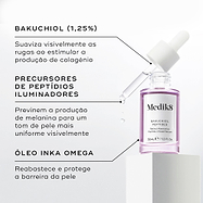 Frasco de sérum Medik8 Bakuchiol Peptides com um conta-gotas suspenso dispensando líquido contra um fundo branco. O texto em português destaca os ingredientes principais: Bakuchiol (1,25%) para suavizar visivelmente as rugas ao estimular a produção de colagénio, Precursores de Peptídios Iluminadores para prevenir a produção de melanina para um tom de pele mais uniforme visivelmente, e Óleo Inka Omega para reabastecer e proteger a barreira da pele.