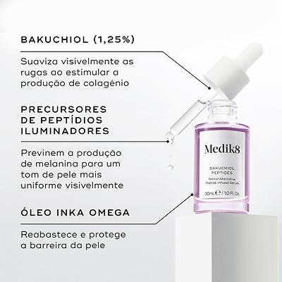 Frasco de sérum Medik8 Bakuchiol Peptides com um conta-gotas suspenso dispensando líquido contra um fundo branco. O texto em português destaca os ingredientes principais: Bakuchiol (1,25%) para suavizar visivelmente as rugas ao estimular a produção de colagénio, Precursores de Peptídios Iluminadores para prevenir a produção de melanina para um tom de pele mais uniforme visivelmente, e Óleo Inka Omega para reabastecer e proteger a barreira da pele.