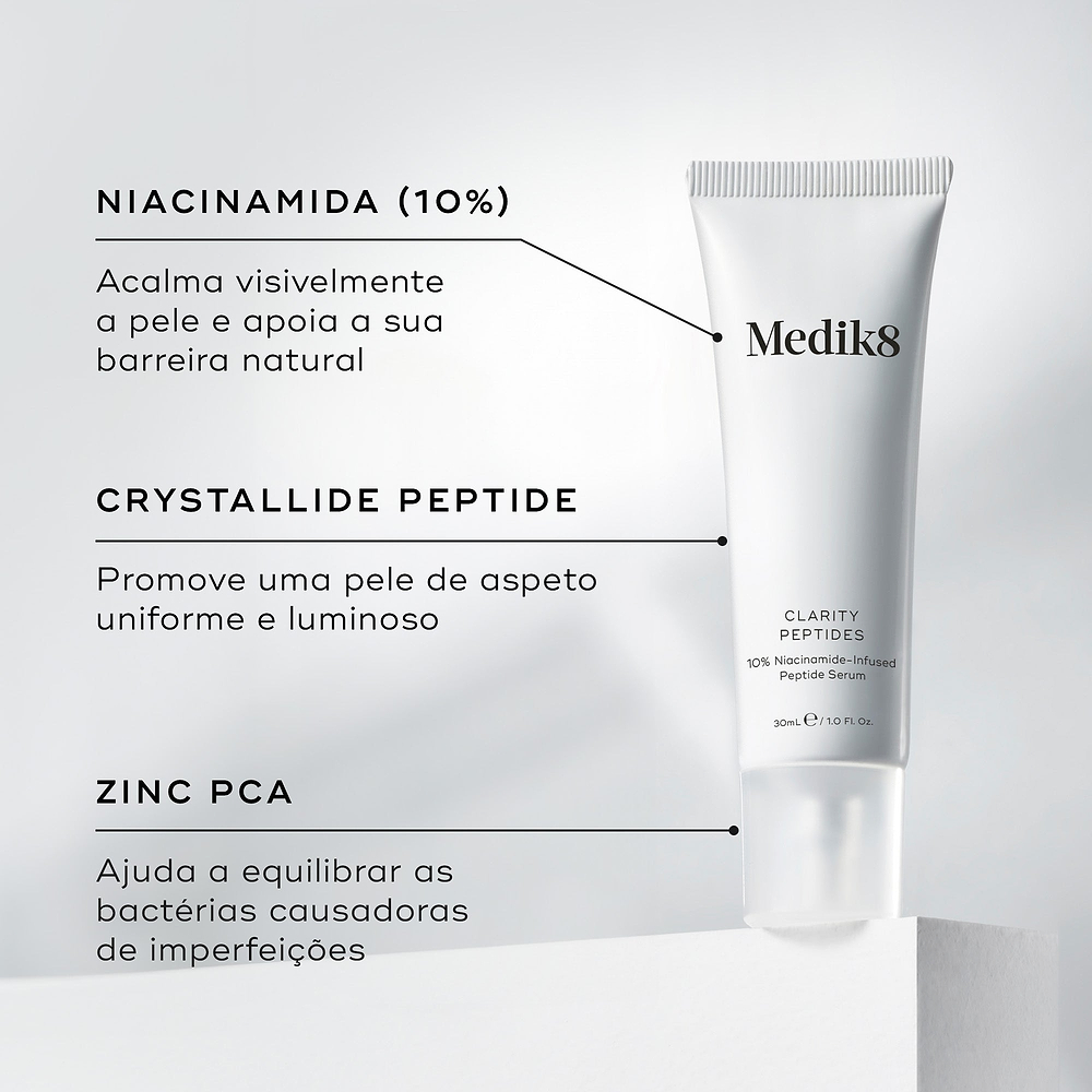 O tubo Clarity Peptides assenta num pedestal branco contra um fundo cinza claro. Linhas de texto destacam os ingredientes-chave: Niacinamida (10%) para acalmar visivelmente a pele e apoiar a sua barreira natural, Crystallide Peptide para promover uma pele de aspeto uniforme e luminoso, e Zinc PCA para ajudar a equilibrar as bactérias causadoras de imperfeições.