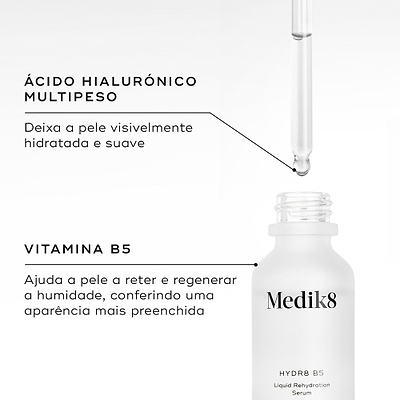 Close-up do frasco Hydr8 B5 aberto com o conta-gotas dispensando líquido. Linhas de texto destacam os ingredientes-chave: Ácido Hialurónico Multipeso para deixar a pele visivelmente hidratada e suave, e Vitamina B5 para ajudar a pele a reter e regenerar a humidade para uma aparência mais preenchida.