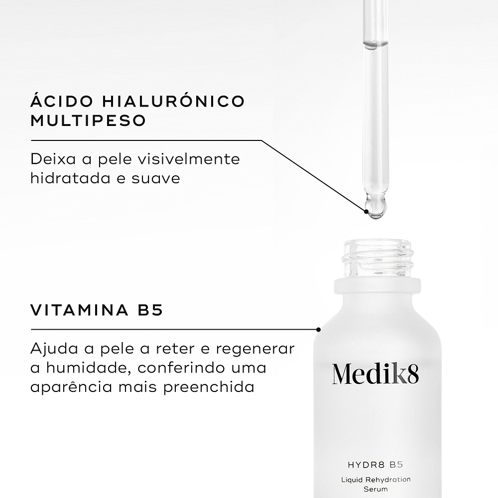 Close-up do frasco Hydr8 B5 aberto com o conta-gotas dispensando líquido. Linhas de texto destacam os ingredientes-chave: Ácido Hialurónico Multipeso para deixar a pele visivelmente hidratada e suave, e Vitamina B5 para ajudar a pele a reter e regenerar a humidade para uma aparência mais preenchida.