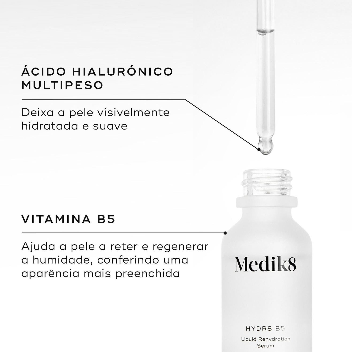 Close-up do frasco Hydr8 B5 aberto com o conta-gotas dispensando líquido. Linhas de texto destacam os ingredientes-chave: Ácido Hialurónico Multipeso para deixar a pele visivelmente hidratada e suave, e Vitamina B5 para ajudar a pele a reter e regenerar a humidade para uma aparência mais preenchida.