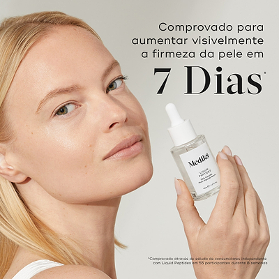 Uma modella sorridente aplica Medik8 Liquid Peptides na bochecha com um conta-gotas. O texto em português destaca resultados visíveis em apenas 7 dias, incluindo linhas finas suavizadas, rugas minimizadas, elasticidade da pele rejuvenescida, textura da pele refinada e hidratação restaurada.