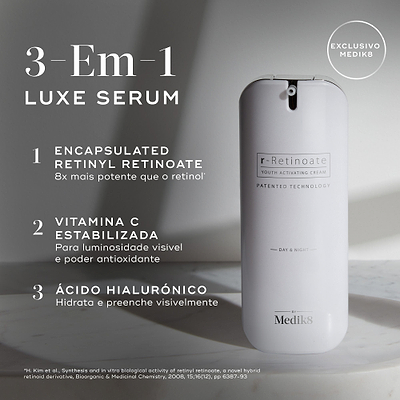 O frasco r-Retinoate Day & Night assenta numa superfície de mármore contra um fundo claro com um selo "EXCLUSIVO MEDIK8". Intitulado "3-Em-1 LUXE SERUM", o texto lista os seus componentes-chave: 1. Retinyl Retinoate Encapsulado (8x mais potente que o retinol), 2. Vitamina C Estabilizada (para luminosidade visível e poder antioxidante), e 3. Ácido Hialurónico (hidrata e preenche visivelmente).