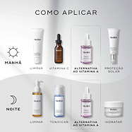 O gráfico do guia de aplicação exibe rotinas de cuidados com a pele matinais e noturnas contra um fundo cinza claro. O frasco de sérum Medik8 Bakuchiol Peptides é destacado como a etapa alternativa à Vitamina A tanto de manhã quanto à noite, após a limpeza e tonificação, e precedendo a hidratação/proteção solar.